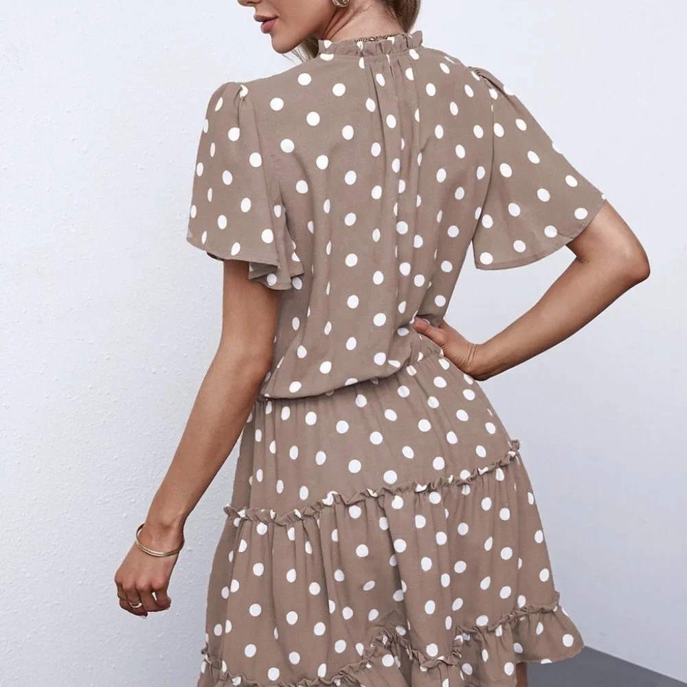 Khaki Polka-Dot Flowy Mini Dress - Picture 2 of 9